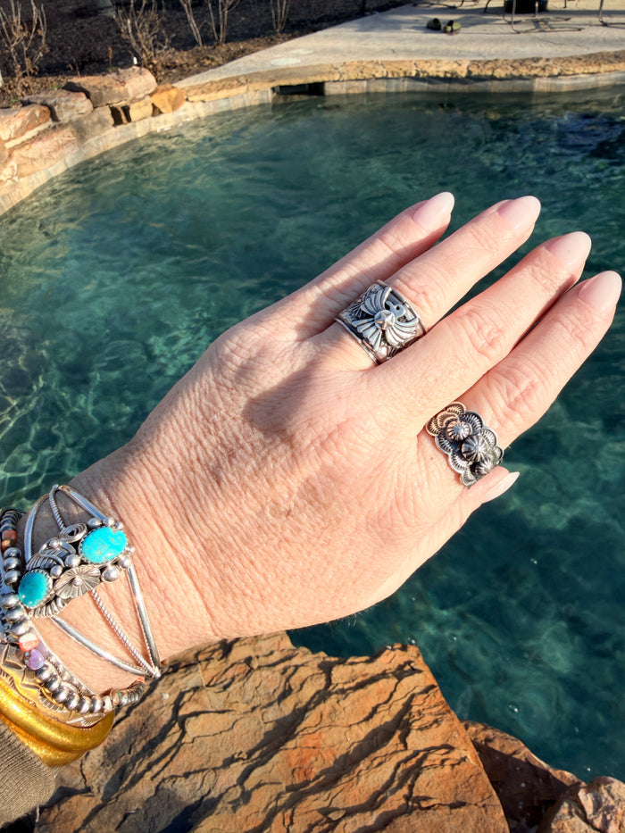 Delayne Reeves Handmade Navajo Sterling Silver Wide Band Ring Thunderbird size 7
