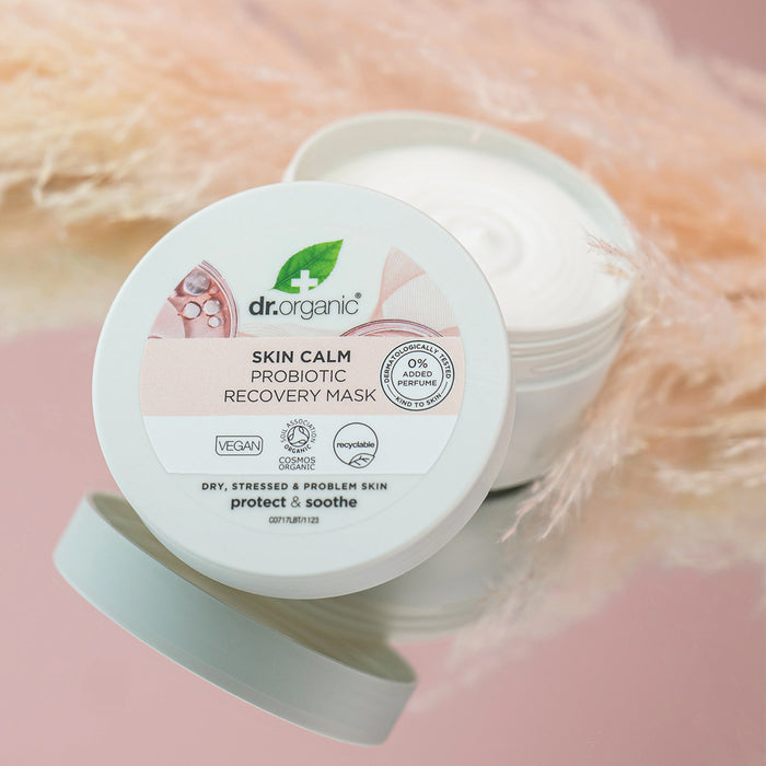 Dr. Organic Skin Calm Probiotic Recovery Mask jar on a soft pink background