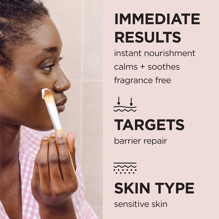 Woman applying Dr. Organic Skin Calm Probiotic Recovery Mask with text about immediate results and target skin type.