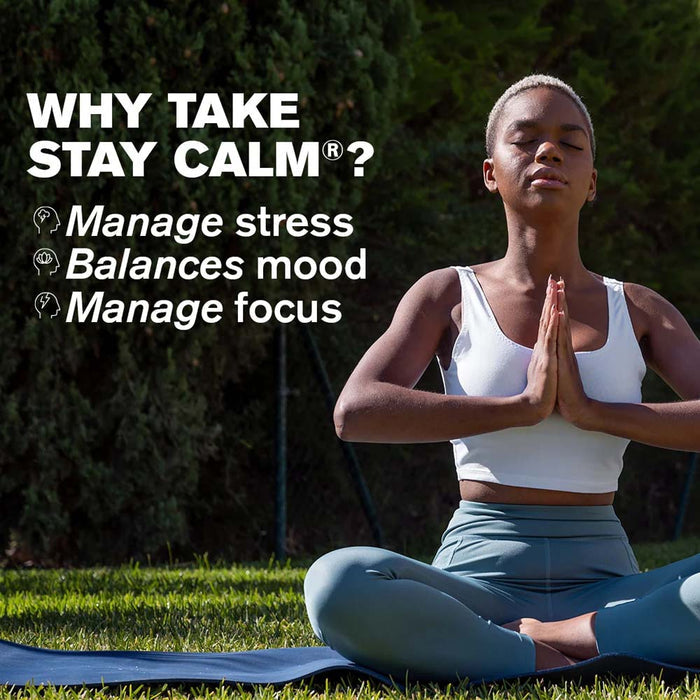 Person meditating outdoors with text about the benefits of 'Stay Calm' product.