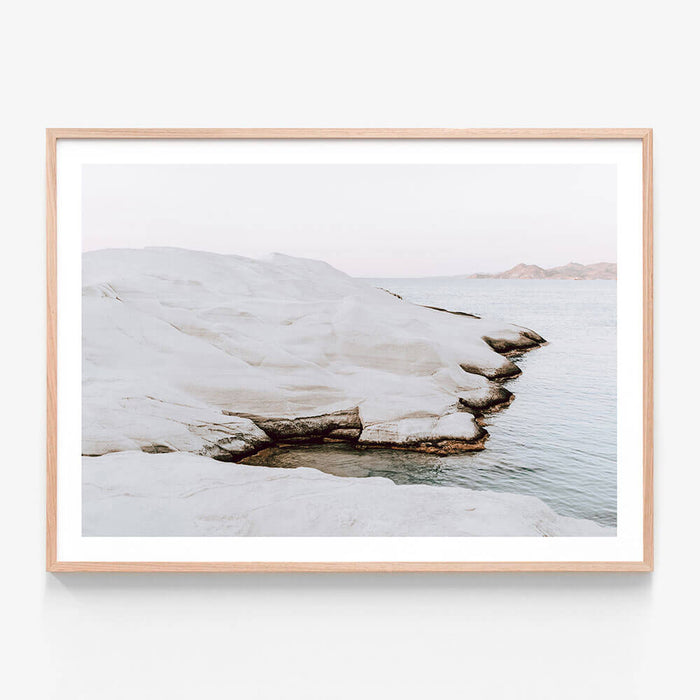 Dreamy Sarakiniko wall art print in oak frame