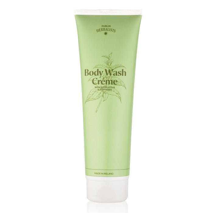 Green tube of Dublin Herbalists Body Wash Creme on a white background