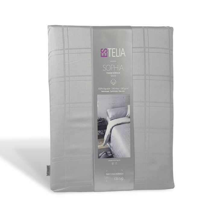 Dúo funda nórdica + almohada Sophia acero presentación en bolsa de tela