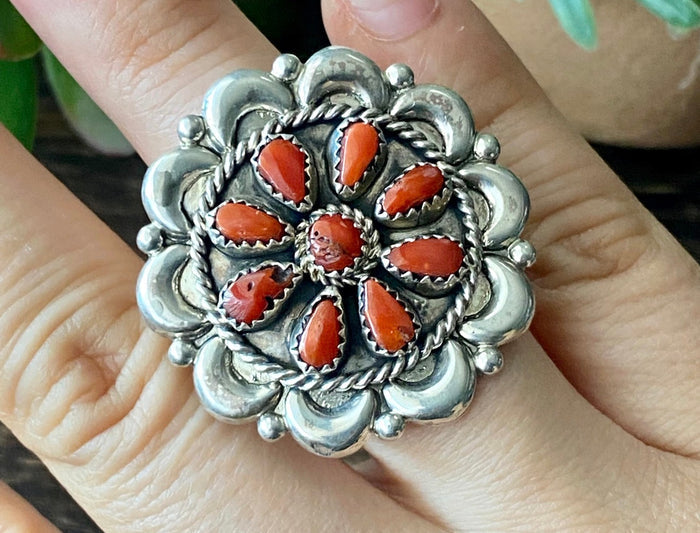 Eunis Wilson Coral & Sterling Silver Cluster Ring Size 7