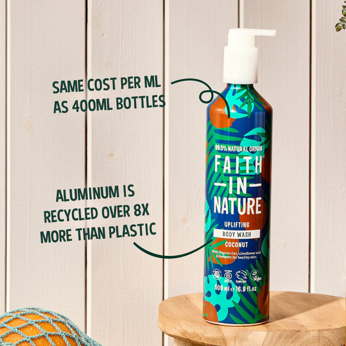 Faith in Nature body wash bottle on a wooden surface with recycling information text.
