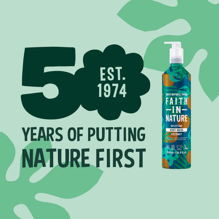 Body wash bottle with 'Faith in Nature' branding on a green background with text celebrating 50 years.