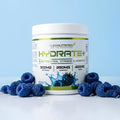 A white tub of Flexi Nutrition Hydrate+ supplement in ice blue raz flavour.