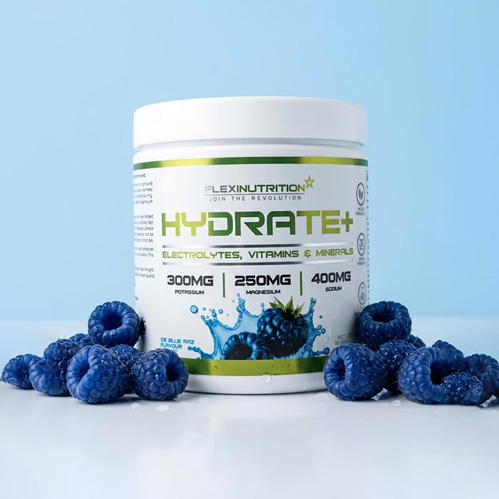 A white tub of Flexi Nutrition Hydrate+ supplement in ice blue raz flavour.