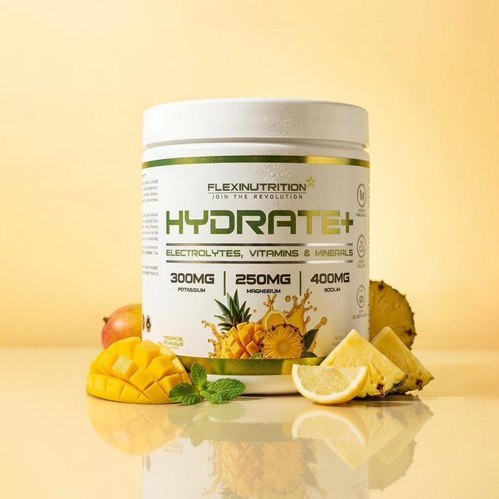 A white tub of Flexi Nutrition Hydrate+ supplement in tropical flavour.
