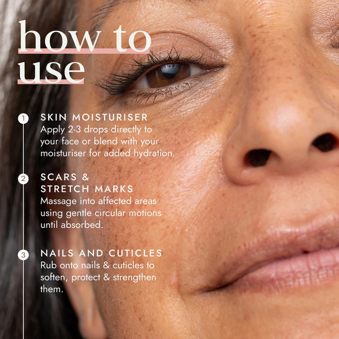Close-up of a woman's face with text on how to use a skincare product.