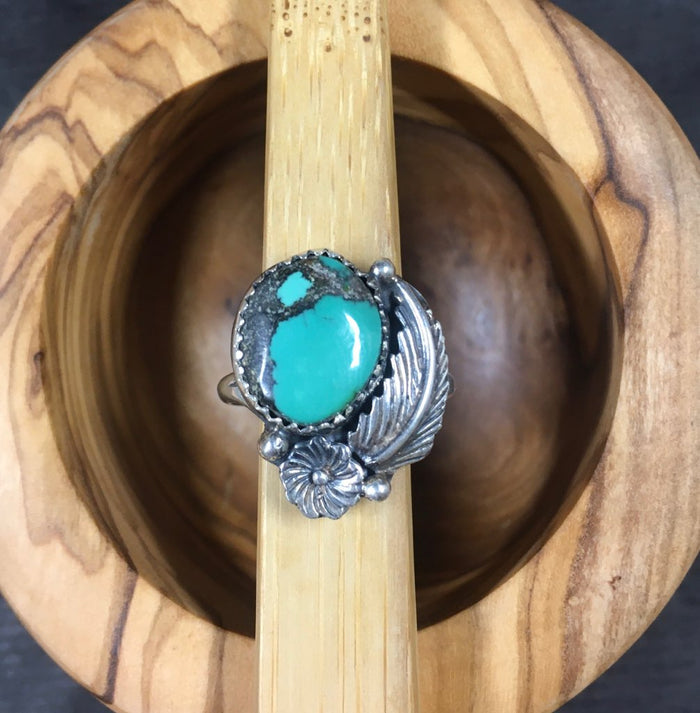 Geniune Turquoise Floral Feather Rings