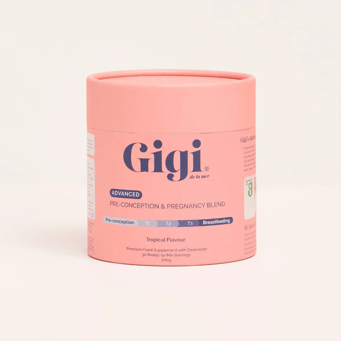 A pink cylindrical container of Gigi Advanced Pre-Conception & Pregnancy Blend dietary supplement.