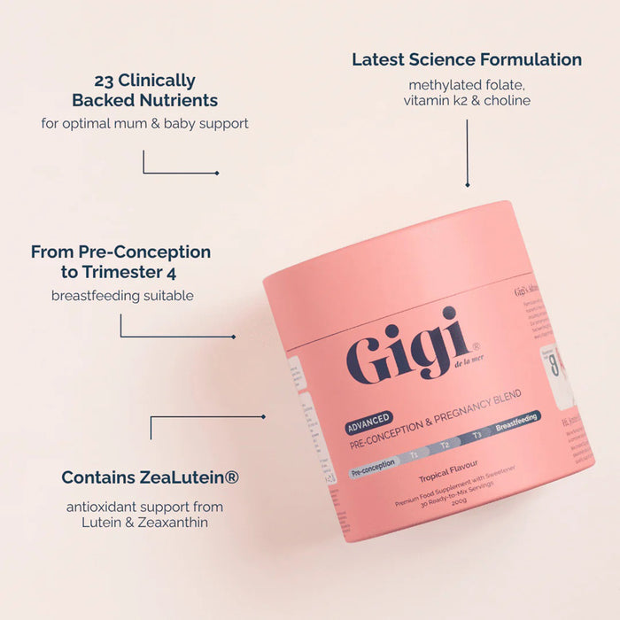 A pink tub of Gigi Advanced Pre-conception & Pregnancy Island formula.