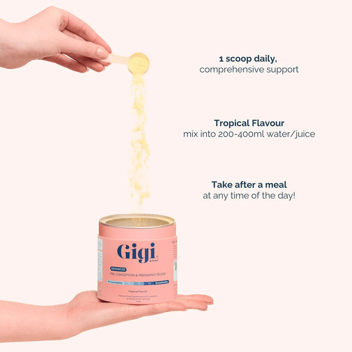 Gigi pre-conception and pregnancy vitamin can with a hand holding a scoop and text on a white background.