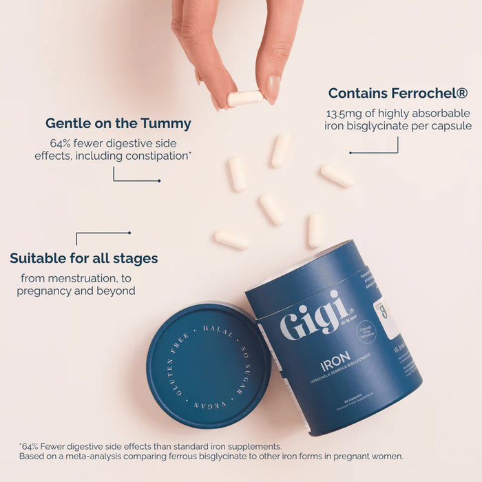 Gigi iron supplement can with pills and text highlighting benefits on a light background