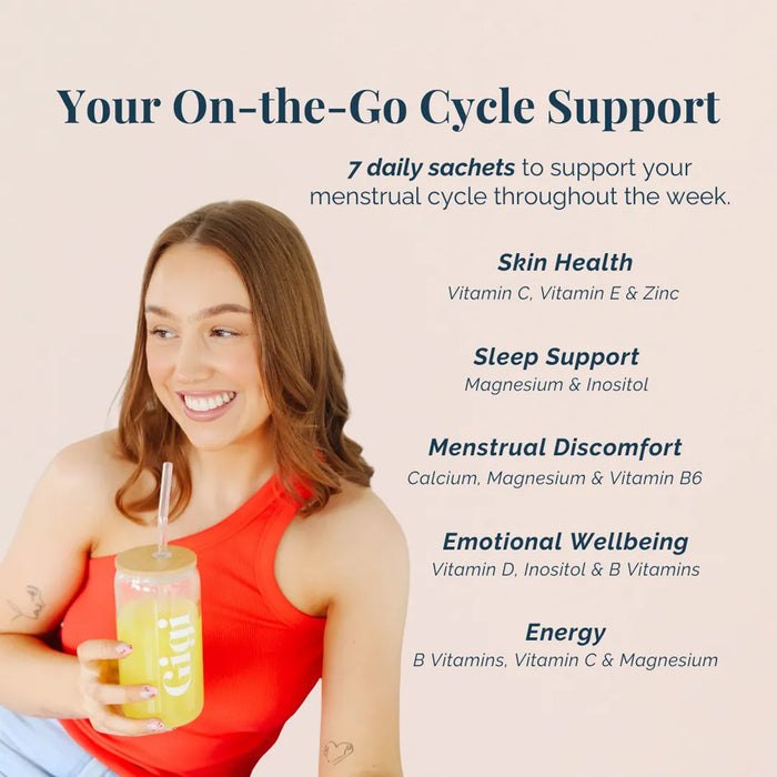 Woman holding a drink with text about menstrual cycle support on a beige background