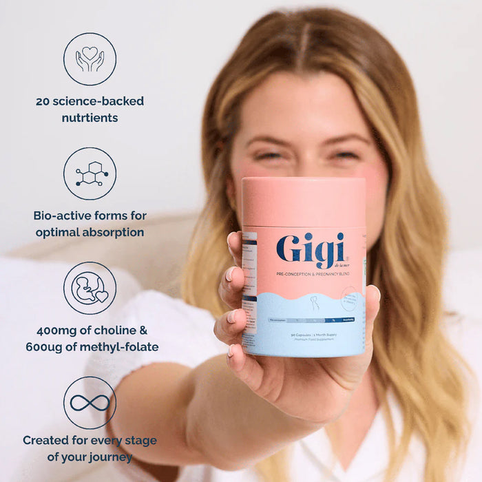 Woman holding a pink supplement container labeled 'Gigi' with text about its ingredients and benefits.