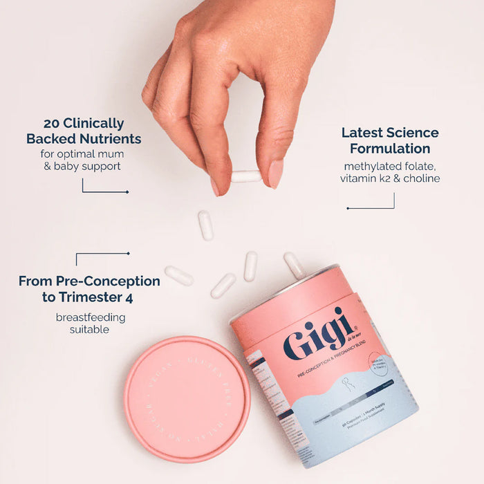 Gigi supplement can with pink lid on a light background