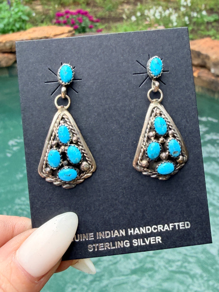 Gorgeous Native Made Post Drop Kingman Turquoise Earrings by Navajo Artist Melvin Chee