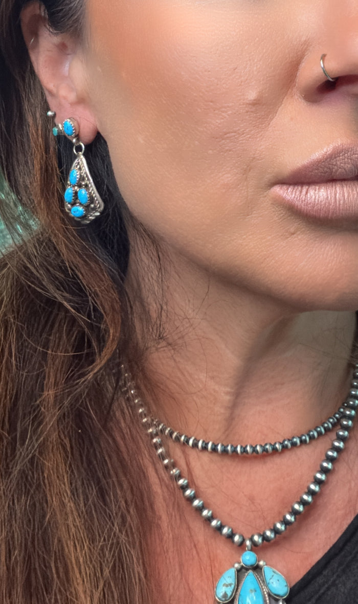 Gorgeous Native Made Post Drop Kingman Turquoise Earrings by Navajo Artist Melvin Chee