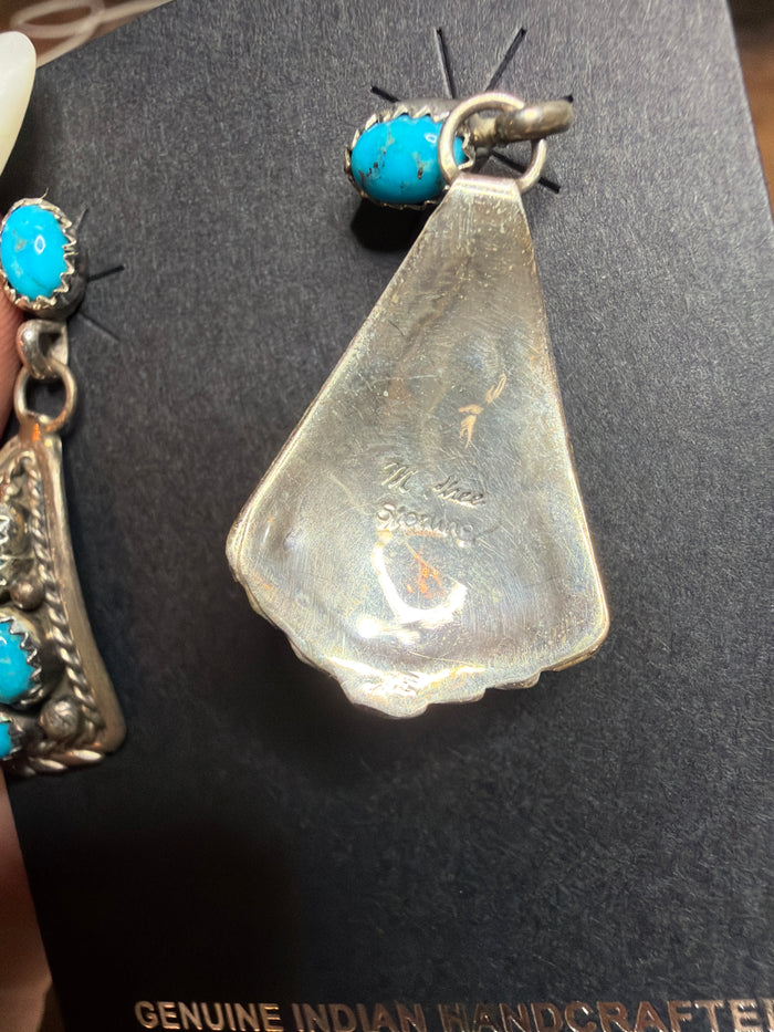 Gorgeous Native Made Post Drop Kingman Turquoise Earrings by Navajo Artist Melvin Chee