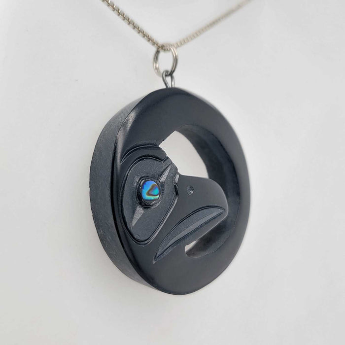 Argillite and Abalone Raven Pendant by Haida artist Amy Edgars