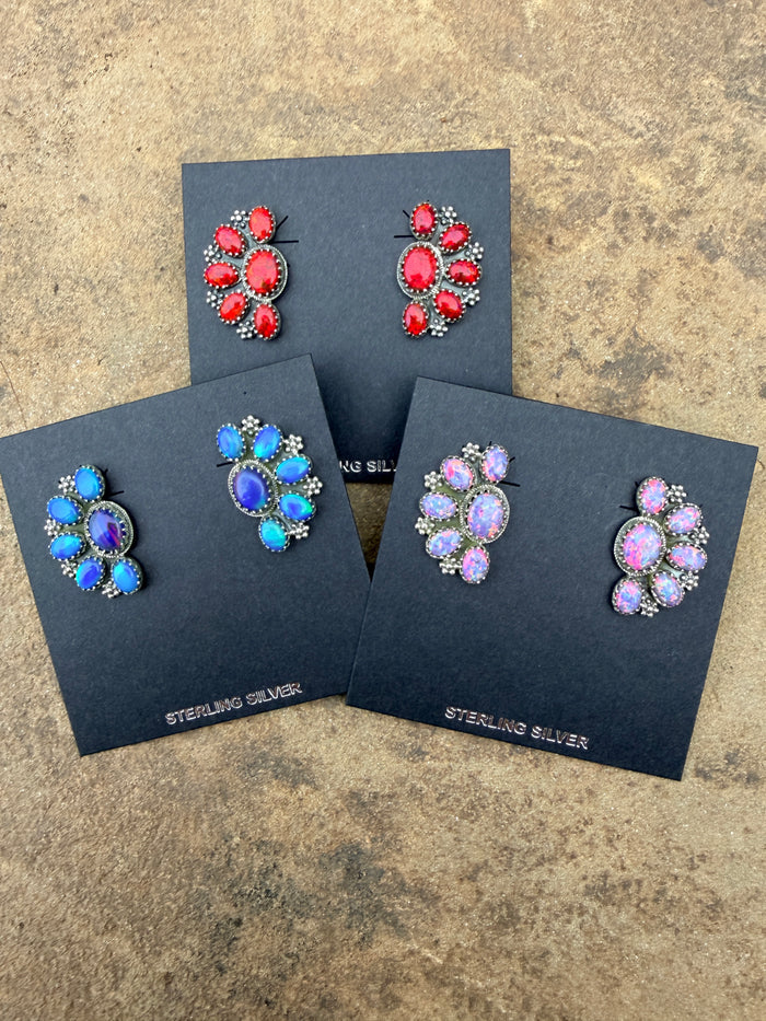 Half Cluster and Sterling Silver Post Earrings