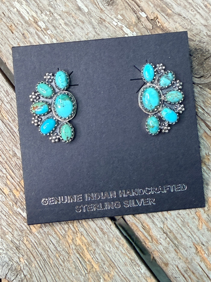 Half Cluster Turquoise and Sterling Silver Studs