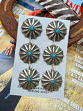 Hand Stamped Sterling Silver Concho and Turquoise Dangle Post Earrings