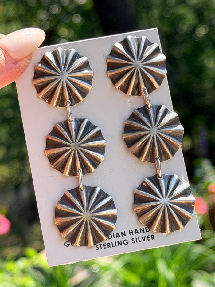 Hand Stamped Sterling Silver Concho Dangle Post Earrings