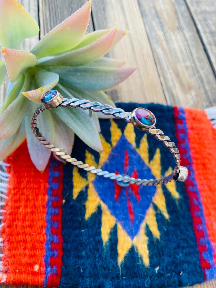 HANDCRAFTED TWISTED STERLING SILVER & PINK DREAM MOHAVE BANGLE BRACELET