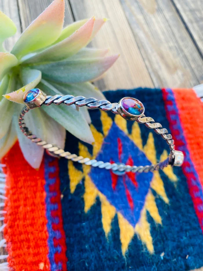 HANDCRAFTED TWISTED STERLING SILVER & PINK DREAM MOHAVE BANGLE BRACELET