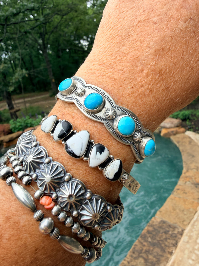 Handmade 5 Stone White Buffalo &
Sterling Silver Cuff Bracelet