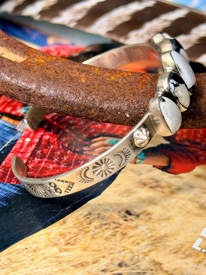Handmade 5 Stone White Buffalo &
Sterling Silver Cuff Bracelet