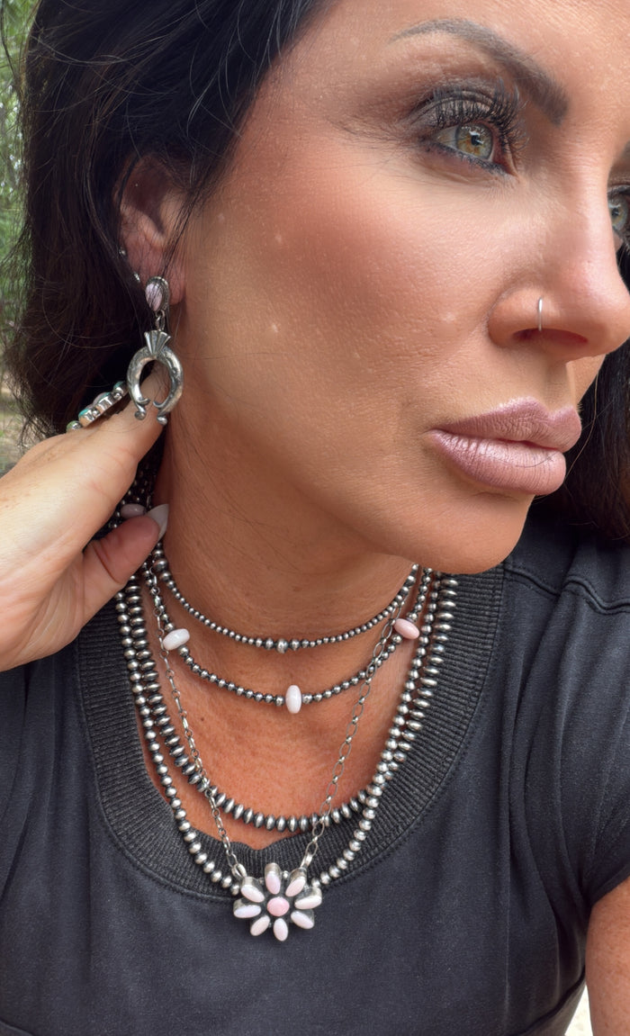 Handmade by Adrienne Gordon Sterling Silver Stamped Naja & Pink Conch Post Dangle Earrings