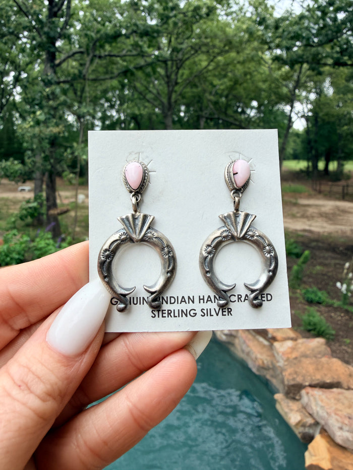 Handmade by Adrienne Gordon Sterling Silver Stamped Naja & Pink Conch Post Dangle Earrings