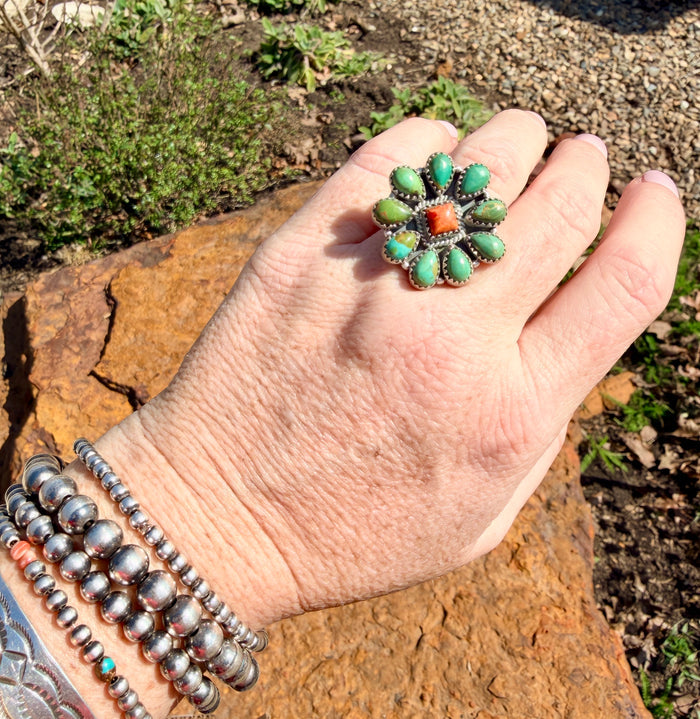 HANDMADE STERLING SILVER ORANGE MOJAVE WITH KINGMAN TURQUOISE ADJUSTABLE RING