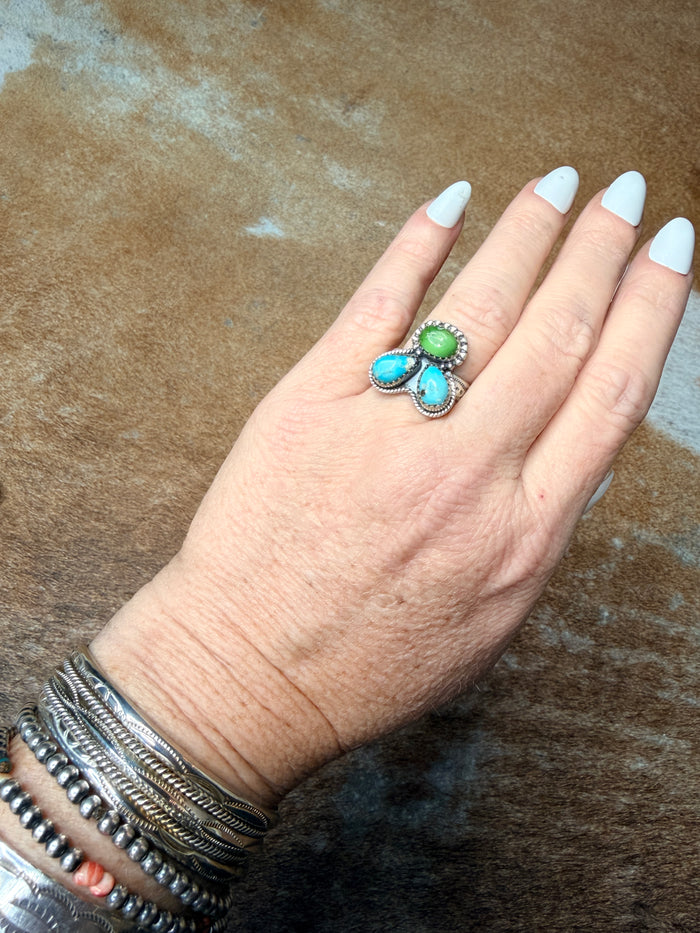 HANDMADE STERLING SILVER SONORAN WITH WHITE TURQUOISE ADJUSTABLE RING