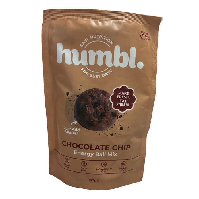 A stand-up pouch of humbl. Chocolate Chip Energy Ball Mix