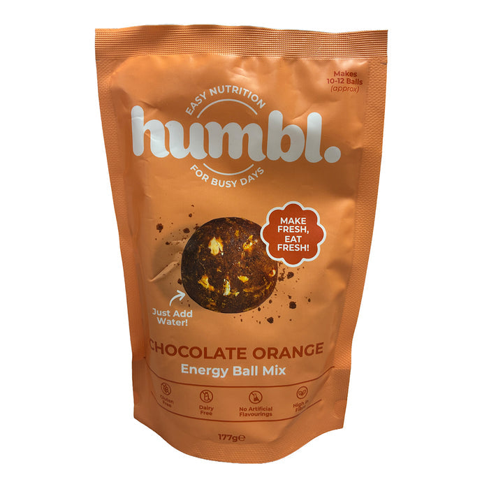 A stand-up pouch of Humbl. Chocolate Orange Energy Ball Mix