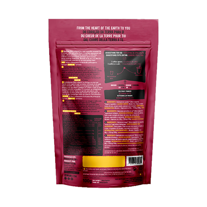 Red protein powder package with nutritional information on a white background
