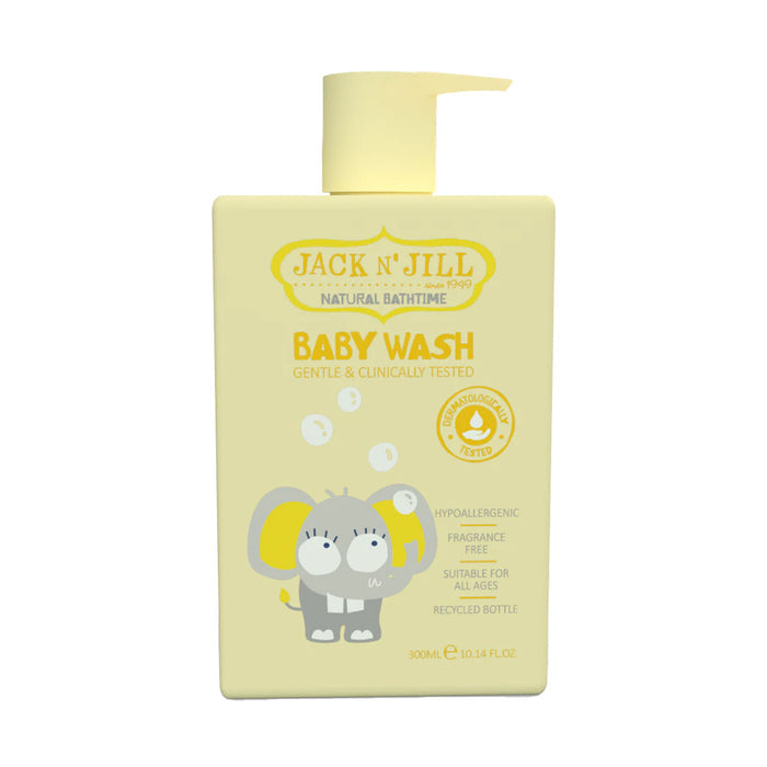 A 300ml pump bottle of Jack N' Jill Baby Wash, featuring a pale yellow-green body with a matching pump dispenser.