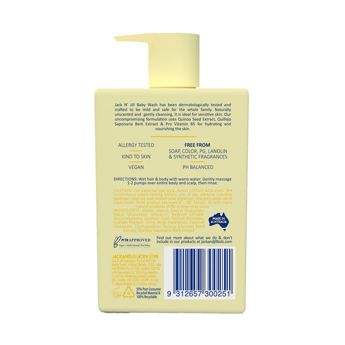 Back of a Jack N. All Baby Wash liquid soap bottle, showing product information, ingredients, and a barcode on a pale yellow background.