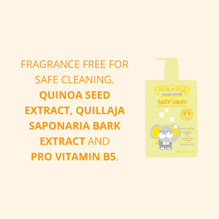 Jack of Jild Baby Wash pump bottle in a pale yellow-green color with a cartoon elephant, shown next to orange text detailing its fragrance-free and ingredient benefits on a light cream background.