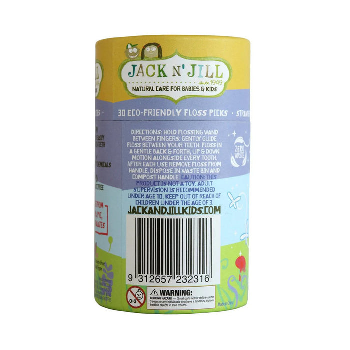 A cylindrical cardboard container of Jack N' Jill Natural Care for Babies & Kids Floss Picks, showing the back label with a barcode and product details.