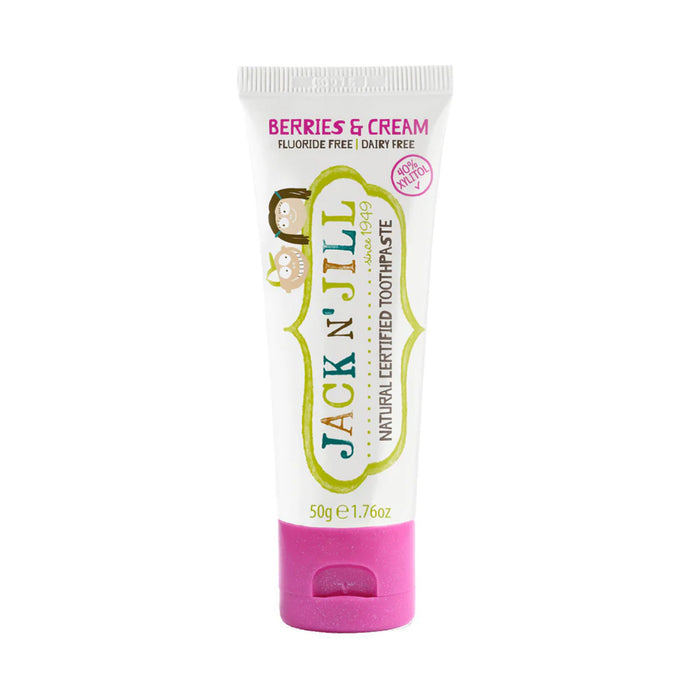 A 50g squeeze tube of Jack N' Jill Berries & Cream toothpaste, featuring a white tube with a bright pink cap.
