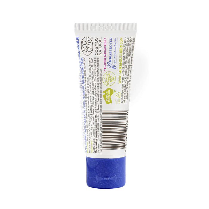 A 50g tube of Jack 'N Jill Bubblegum Toothpaste,  back label.