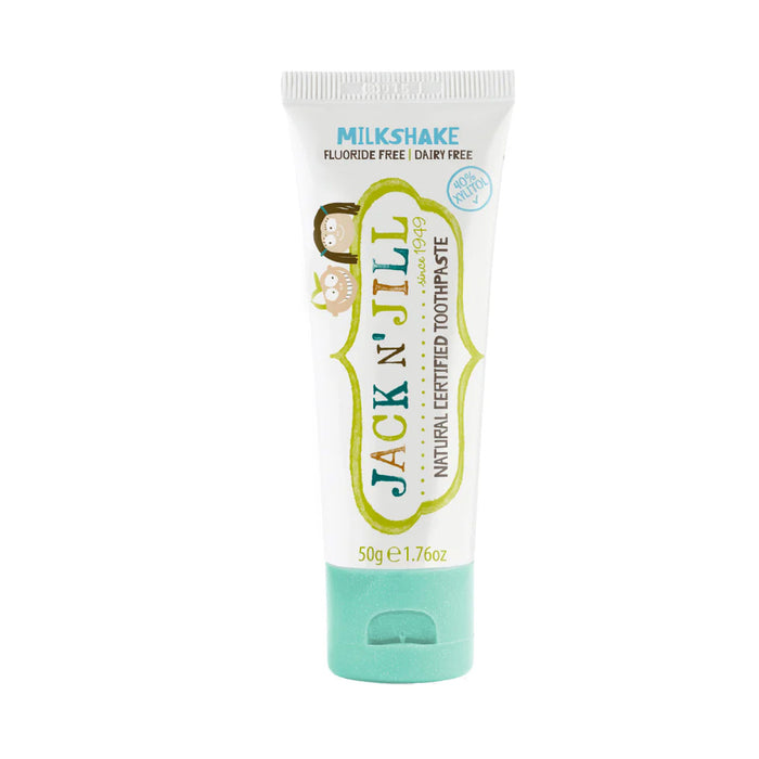 A tube of Jack N' Jill Toothpaste in the Milkshake flavour, featuring a white tube with a mint green cap.