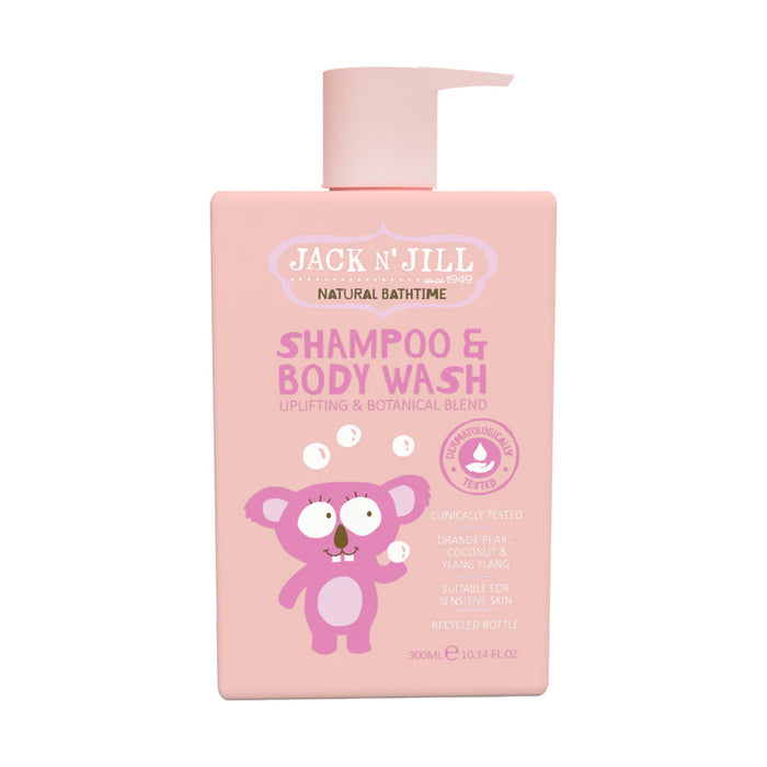A pink bottle of Jack N' Jill Shampoo & Body Wash with a pump dispenser, featuring a cartoon koala illustration on the front.