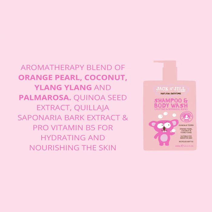 A pink bottle of Jack 'N' Jill Natural Sanitary Shampoo & Body Wash is shown on a light pink background.